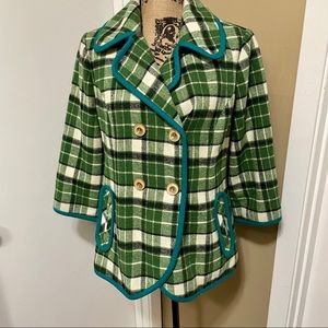 Anthropologie Tabitha Retro Plaid Jacket with contrast piping and pockets.